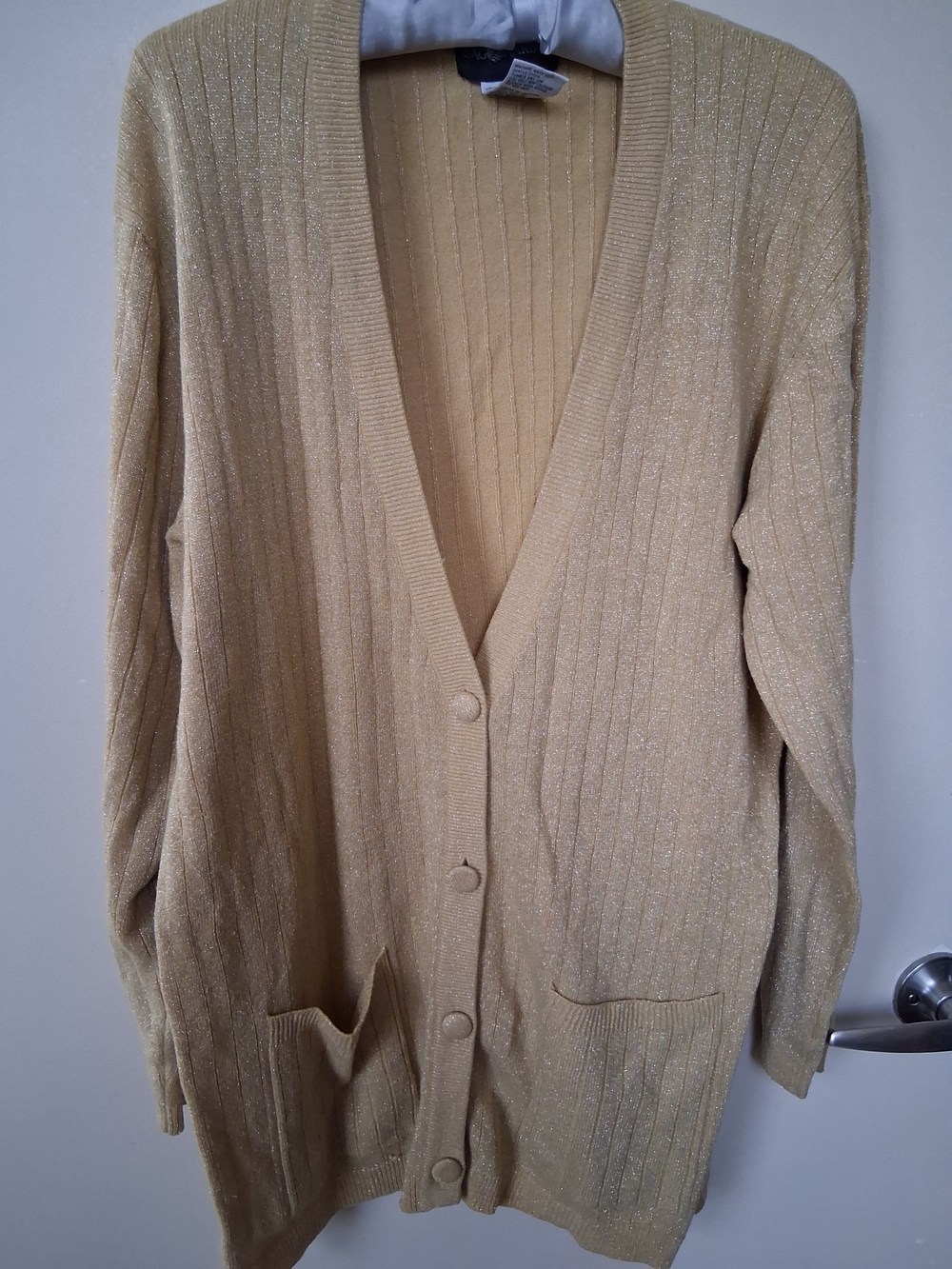 Sparkly Gold Ribbed V-Neck Button Cardigan Sweater